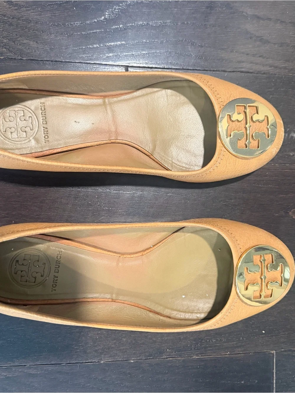 Tory Burch Tan Leather Logo Ballet Flats with Gold Medallions